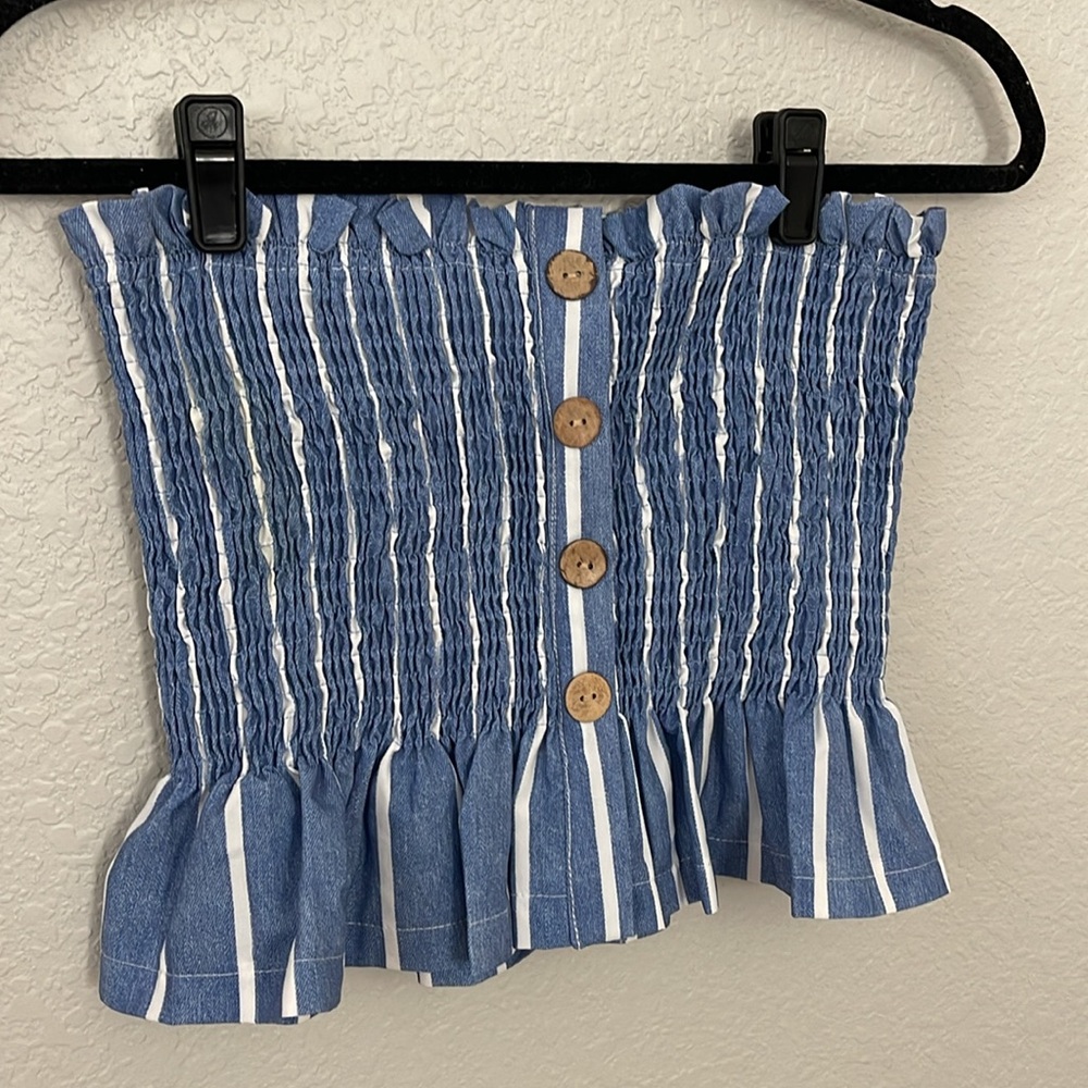 Boutique Small 2 piece set blue white striped strapless top and pants - Picture 3 of 4